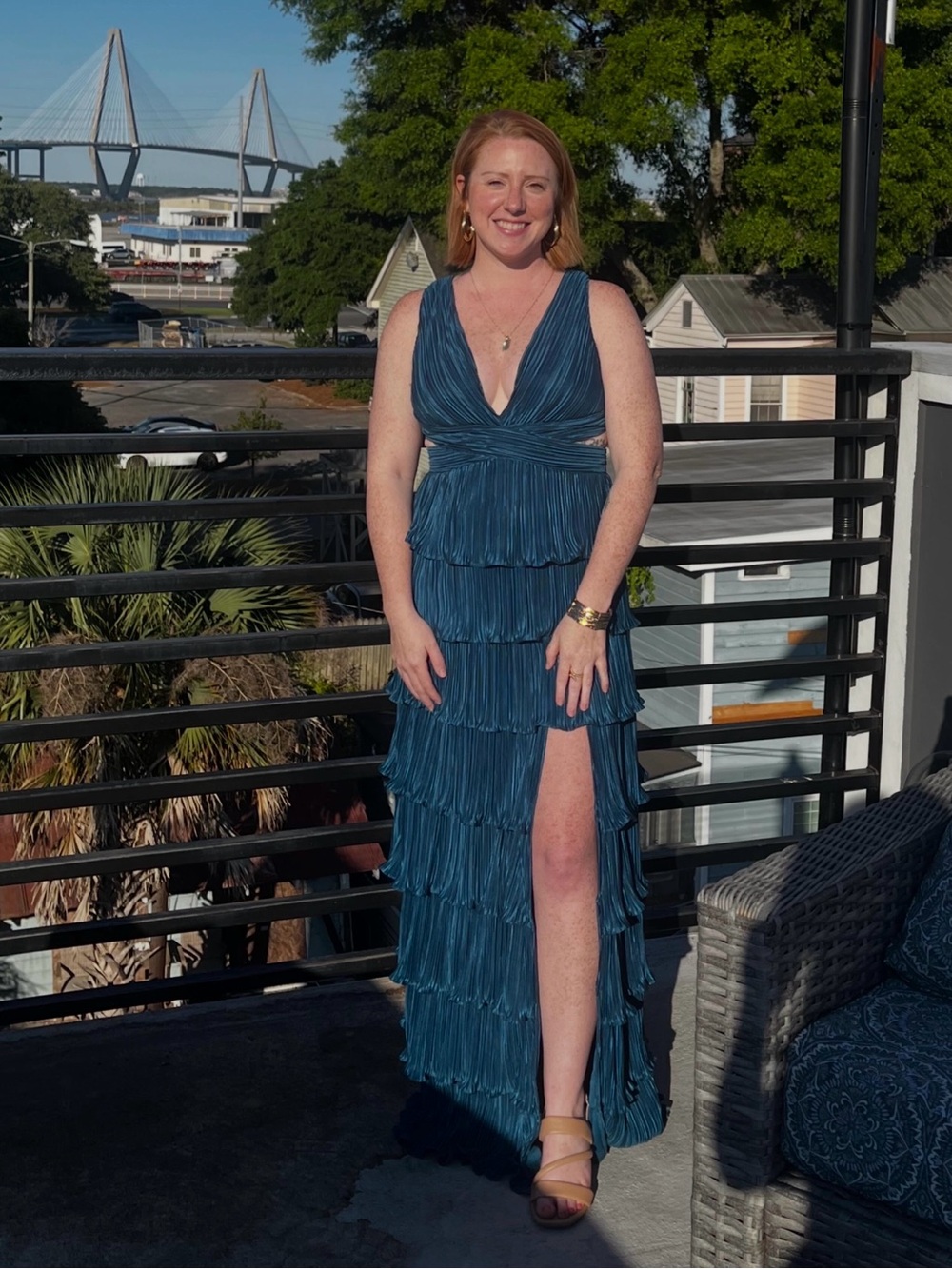 Lulu's Teal Tiered Plunge Maxi Dress with High Slit